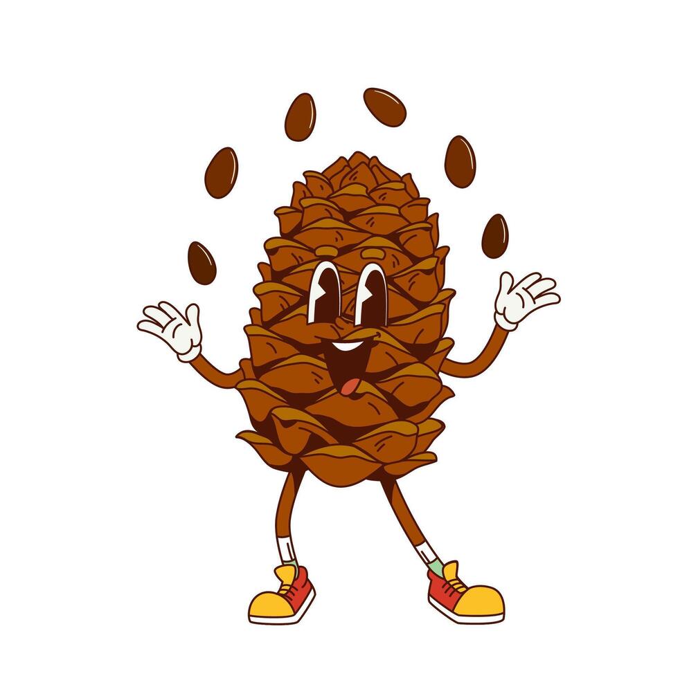 Groovy pine nut cone retro cartoon funky character vector