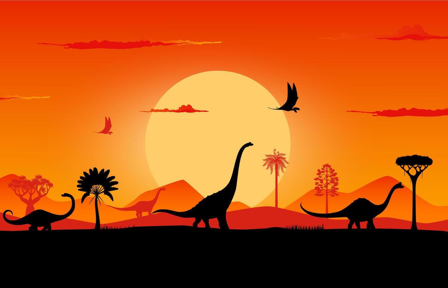 Dinosaurs, sunset silhouette landscape background vector
