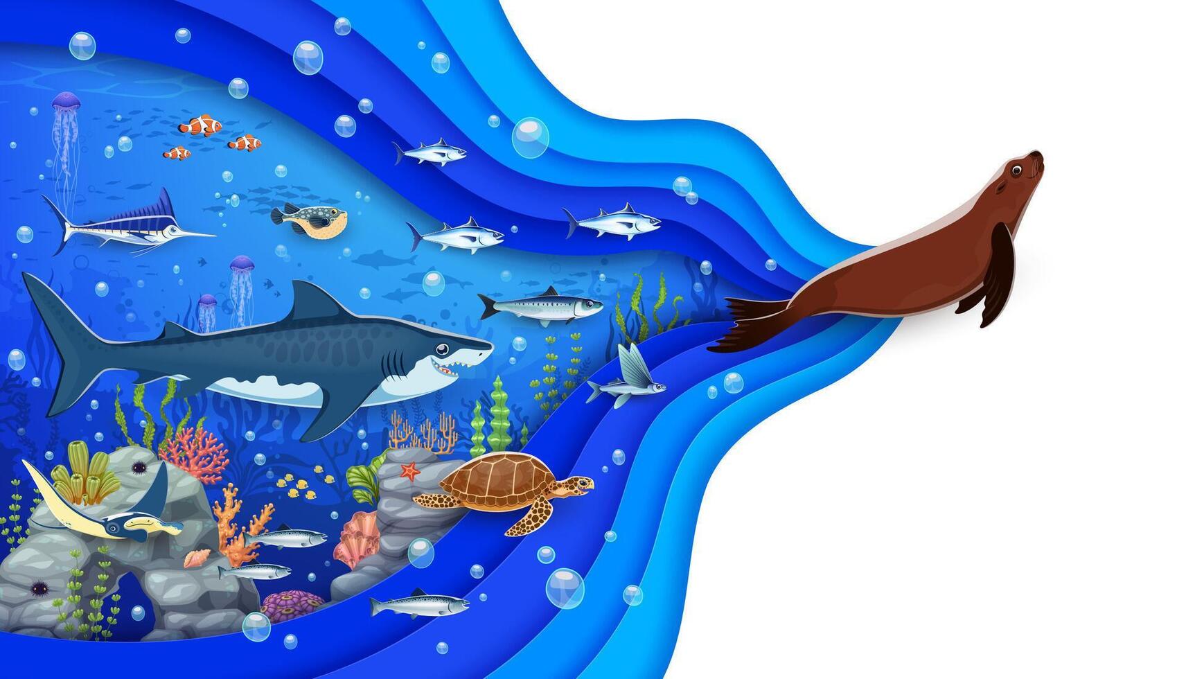 Cartoon sea underwater animals and ocean landscape vector
