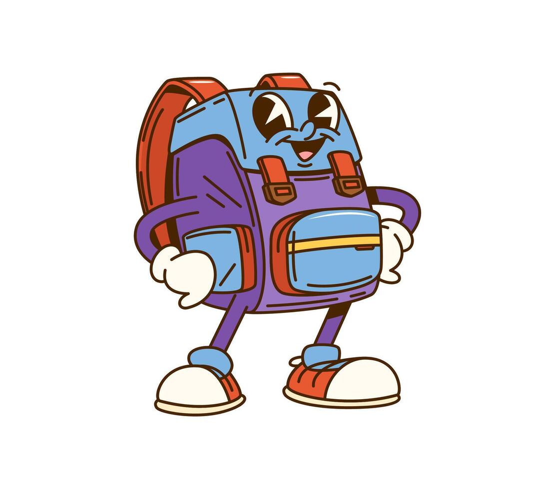 Groovy backpack school education retro character vector