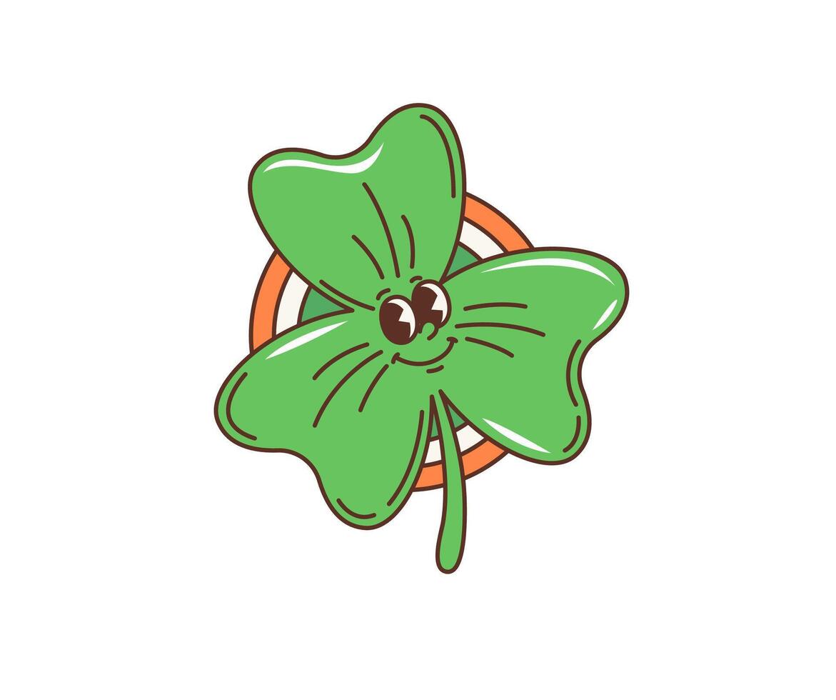 Cartoon groovy shamrock clover leaf character vector