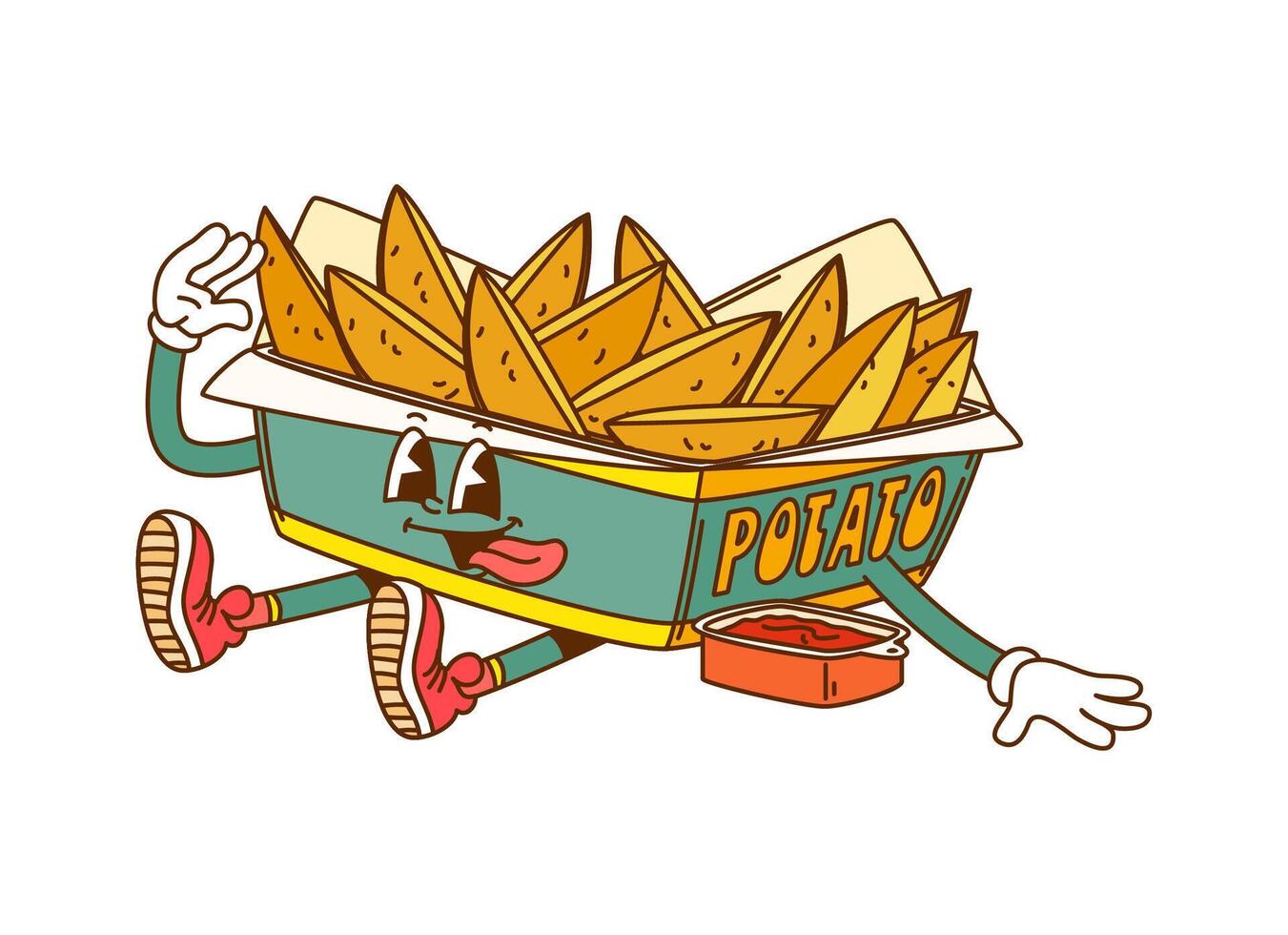 Retro cartoon groovy fried potato wedges character vector