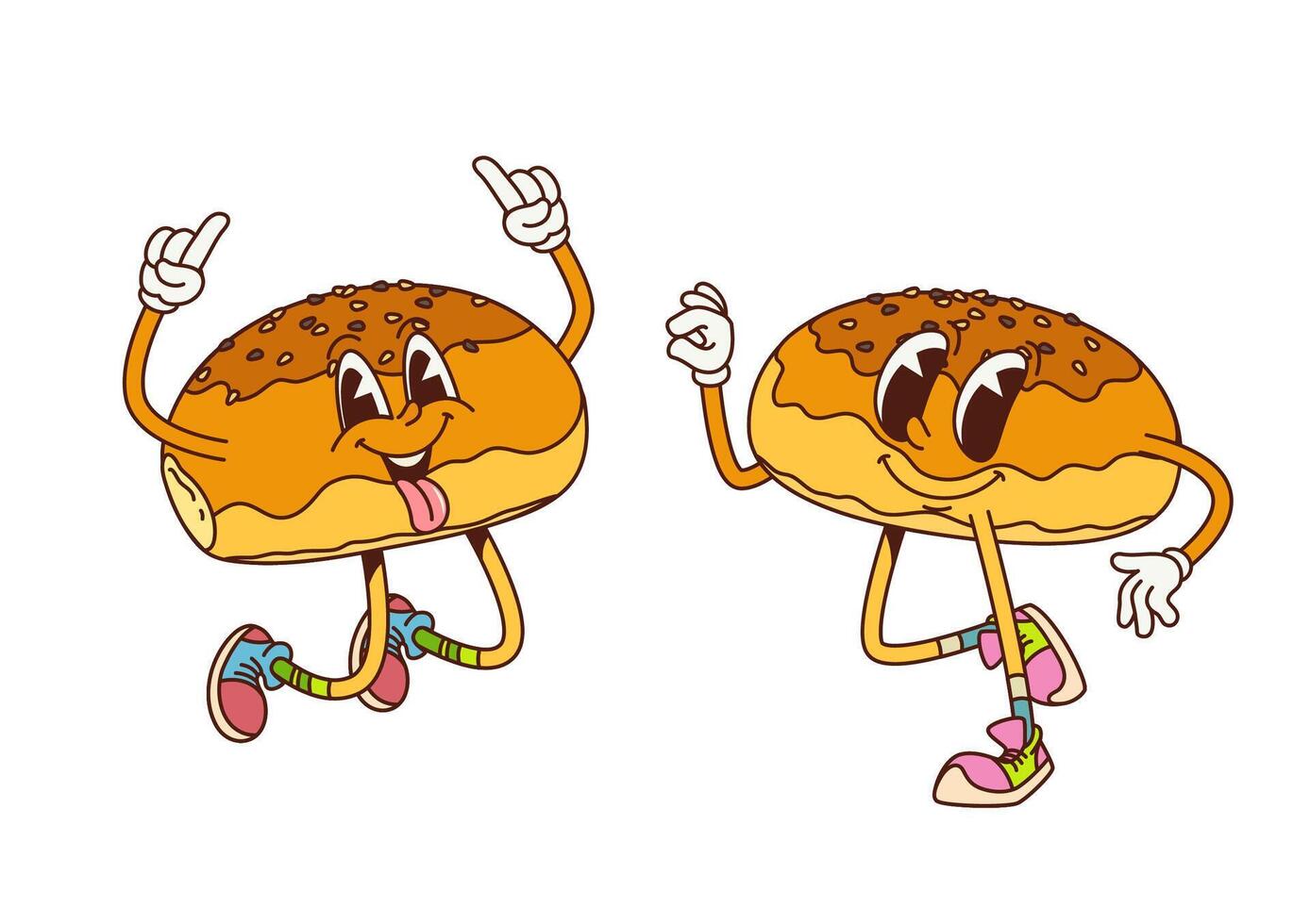 Cartoon retro groovy japanese anpan bun characters vector
