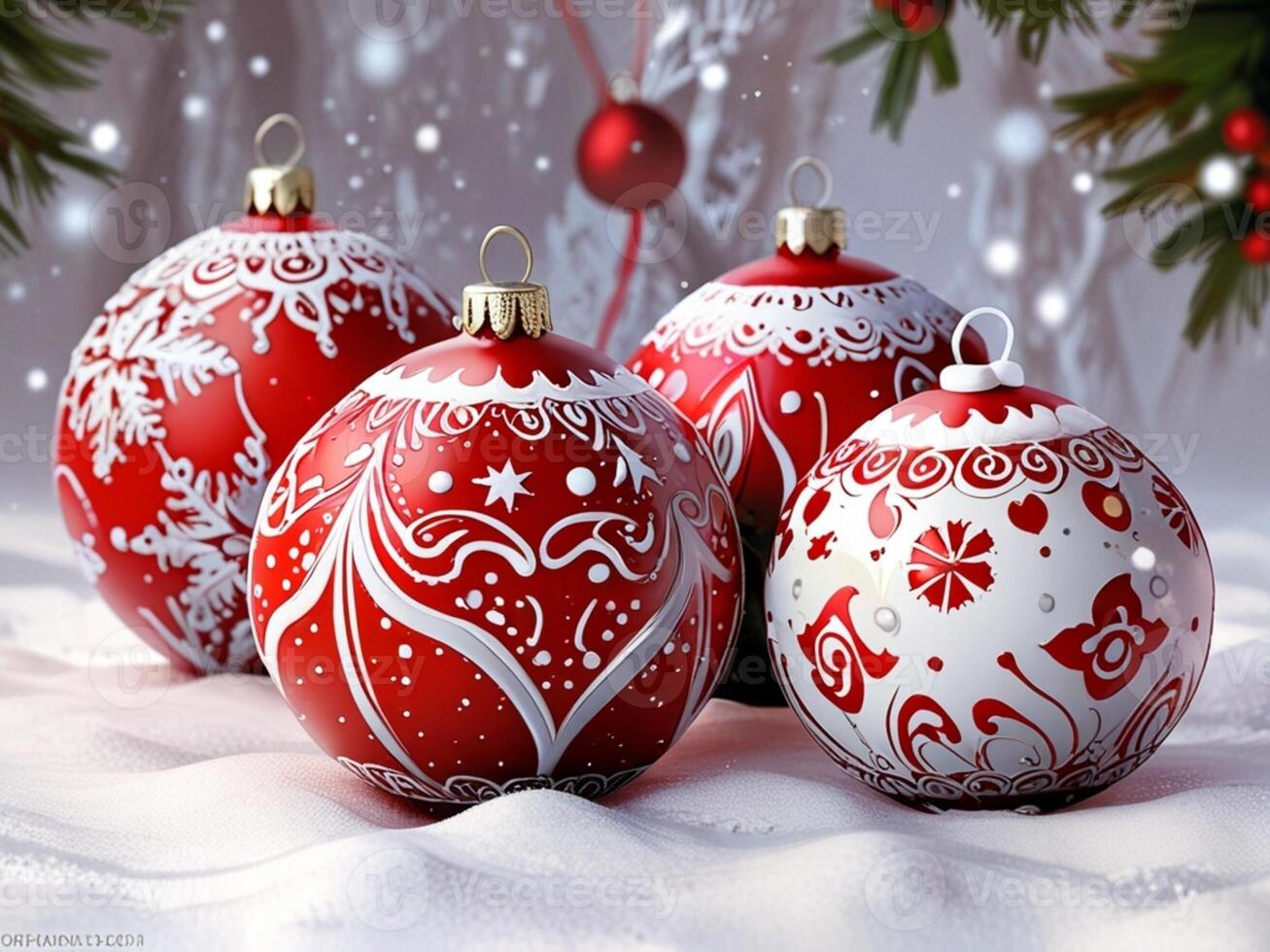 A red and white christmas ornament with a tree in the background photo