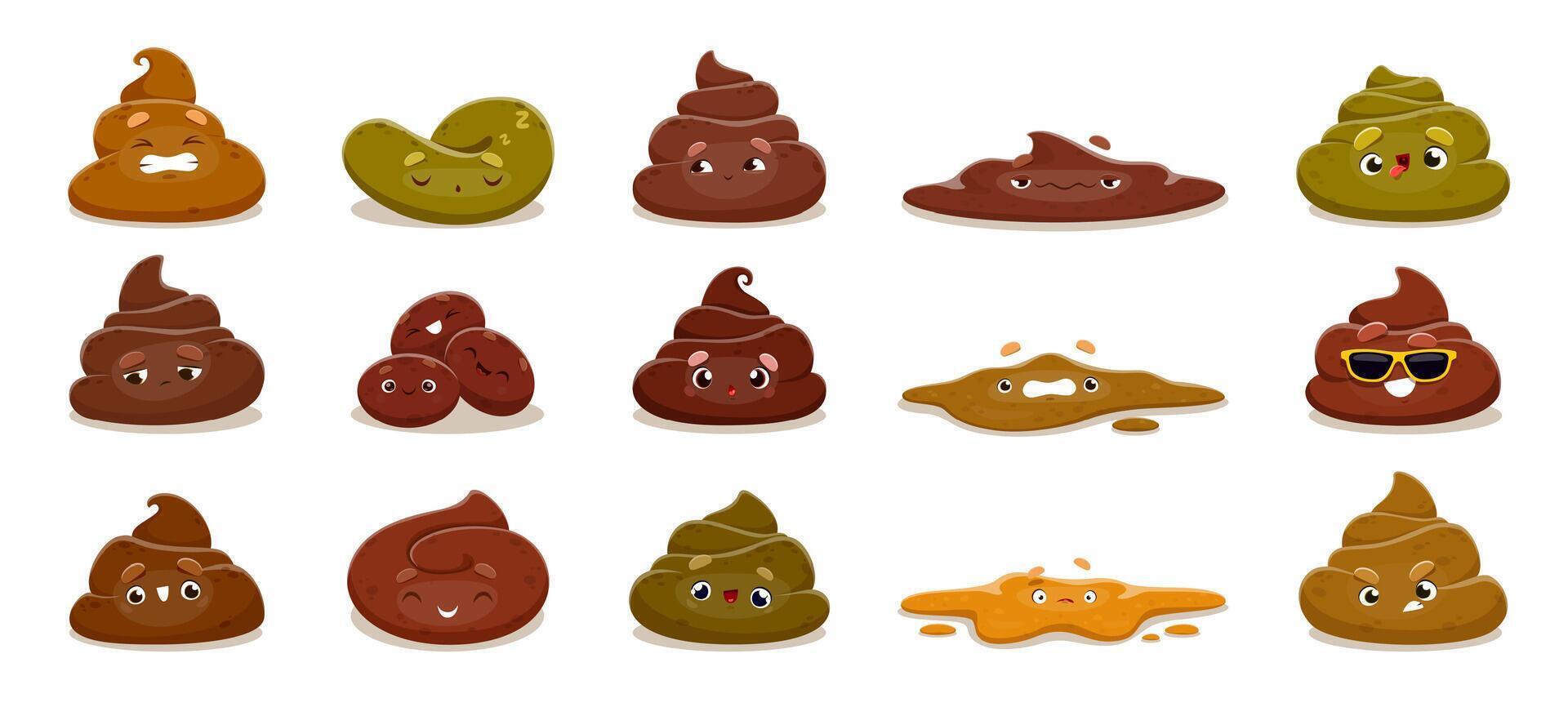Cartoon poop emoji, poo characters with cute faces vector