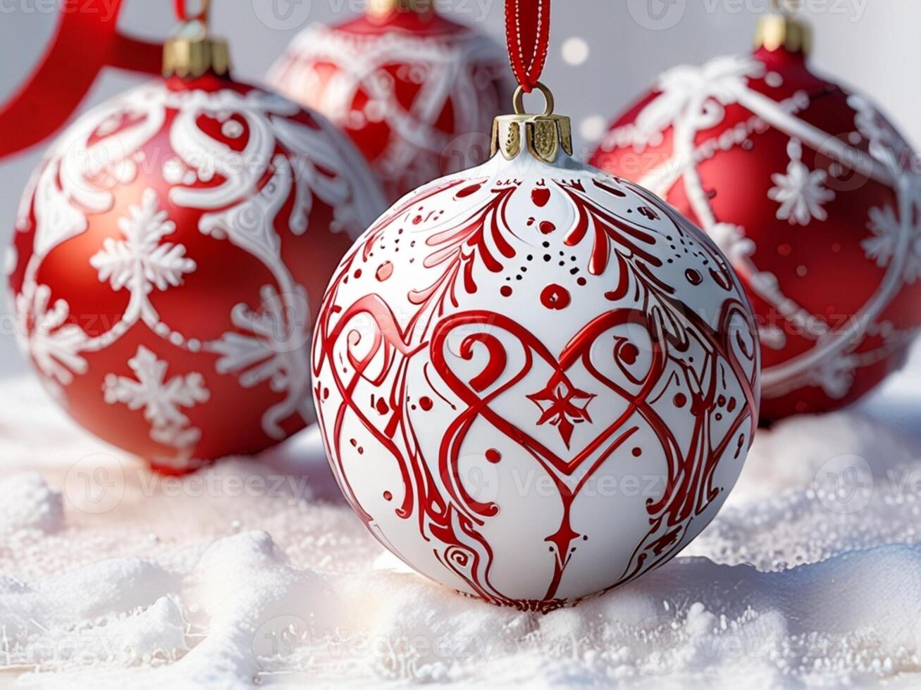A red and white christmas ornament with a tree in the background photo
