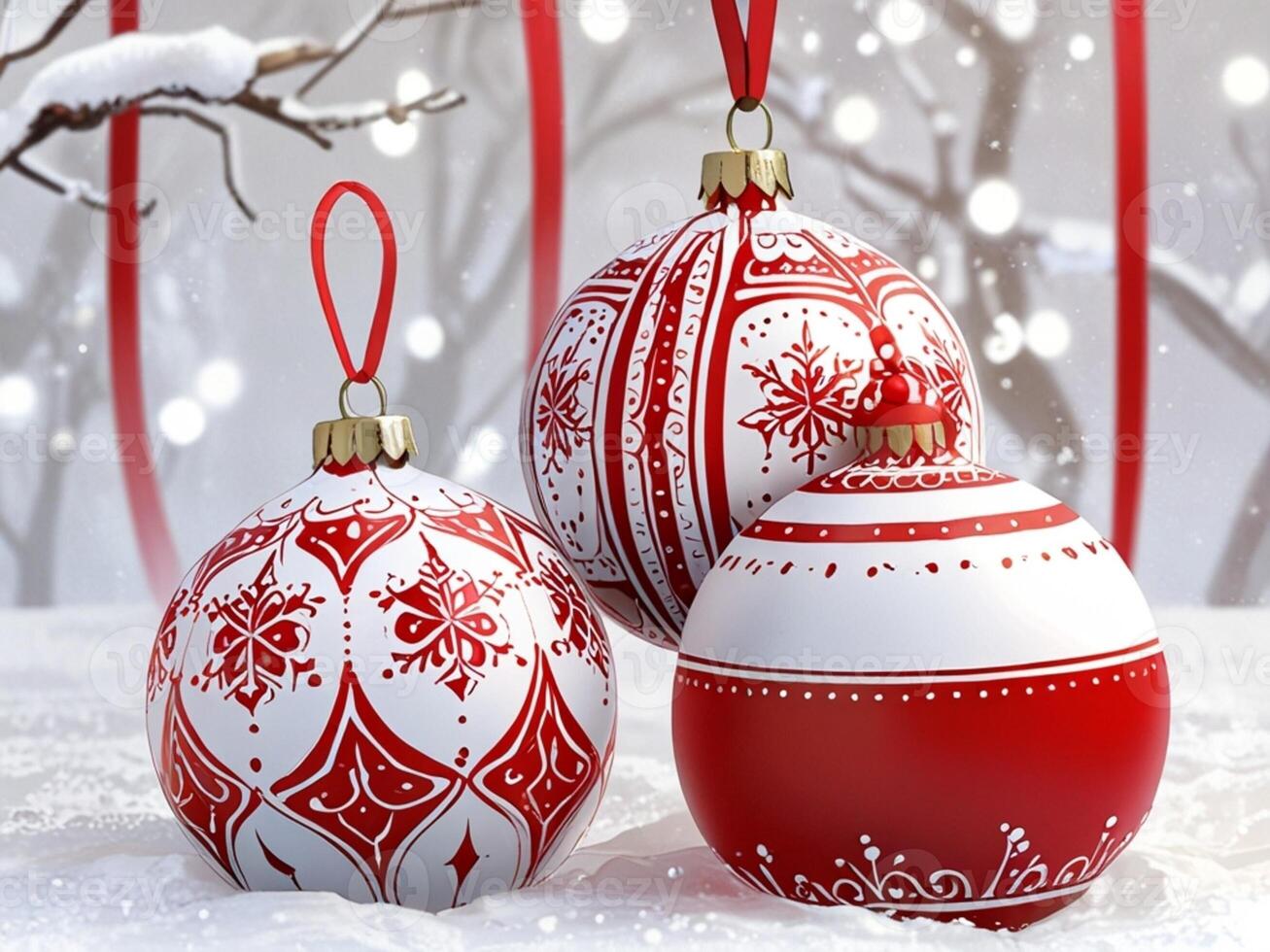 A red and white christmas ornament with a tree in the background photo