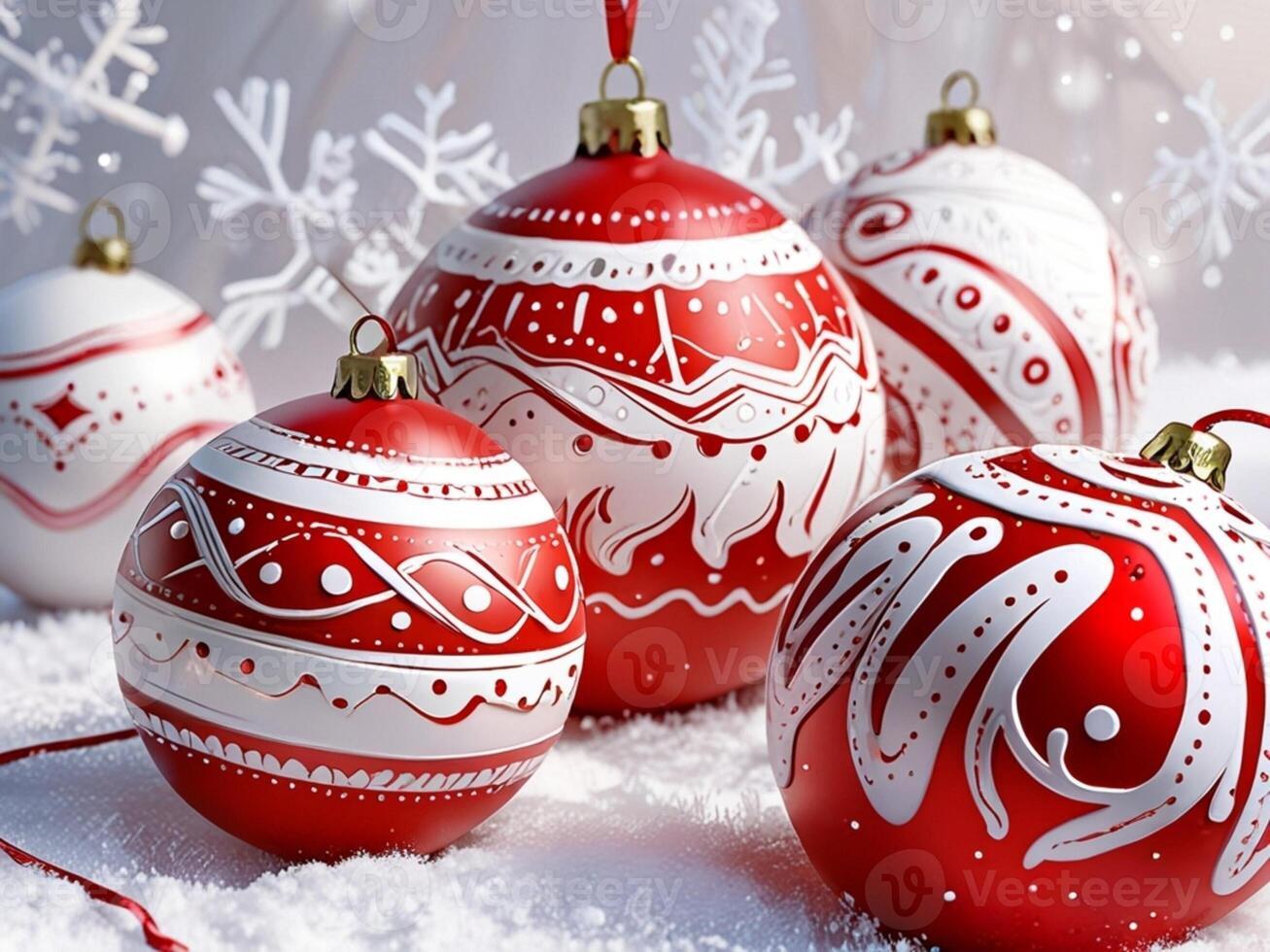 A red and white christmas ornament with a tree in the background photo