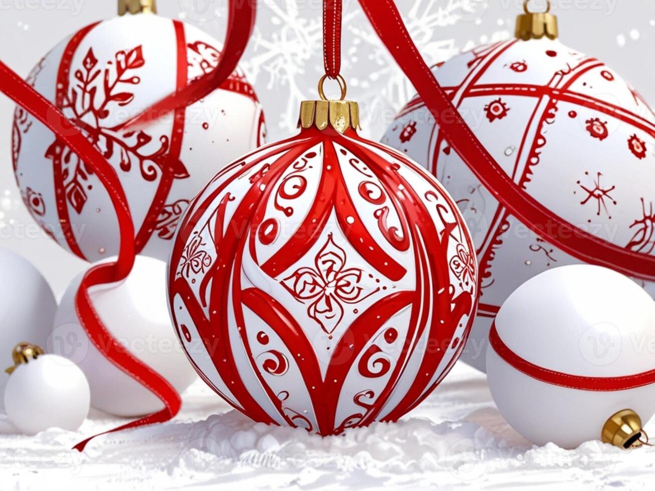 A red and white christmas ornament with a tree in the background photo
