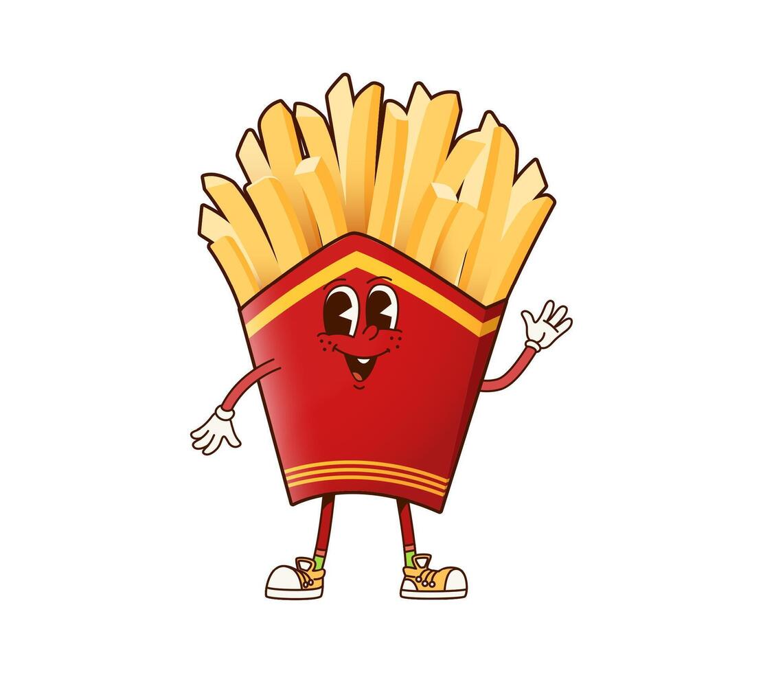 Groovy French fries fast food character in red box vector