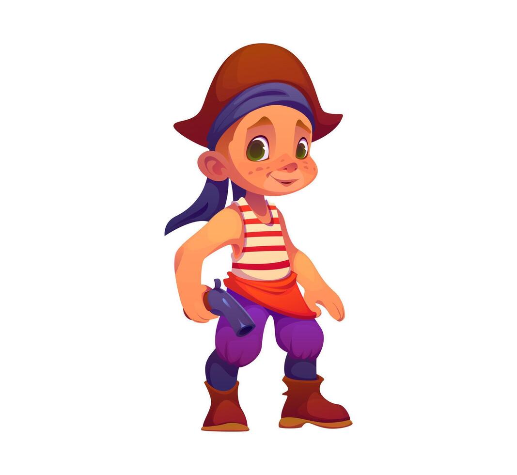Cartoon funny kid boy pirate corsair with pistol vector