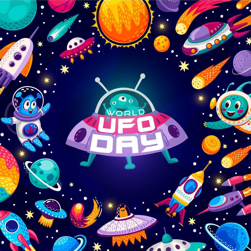 World UFO Day banner, alien characters in space vector