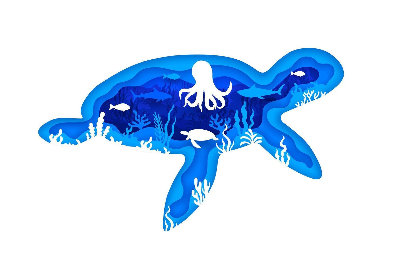 Paper cut underwater landscape turtle silhouette vector