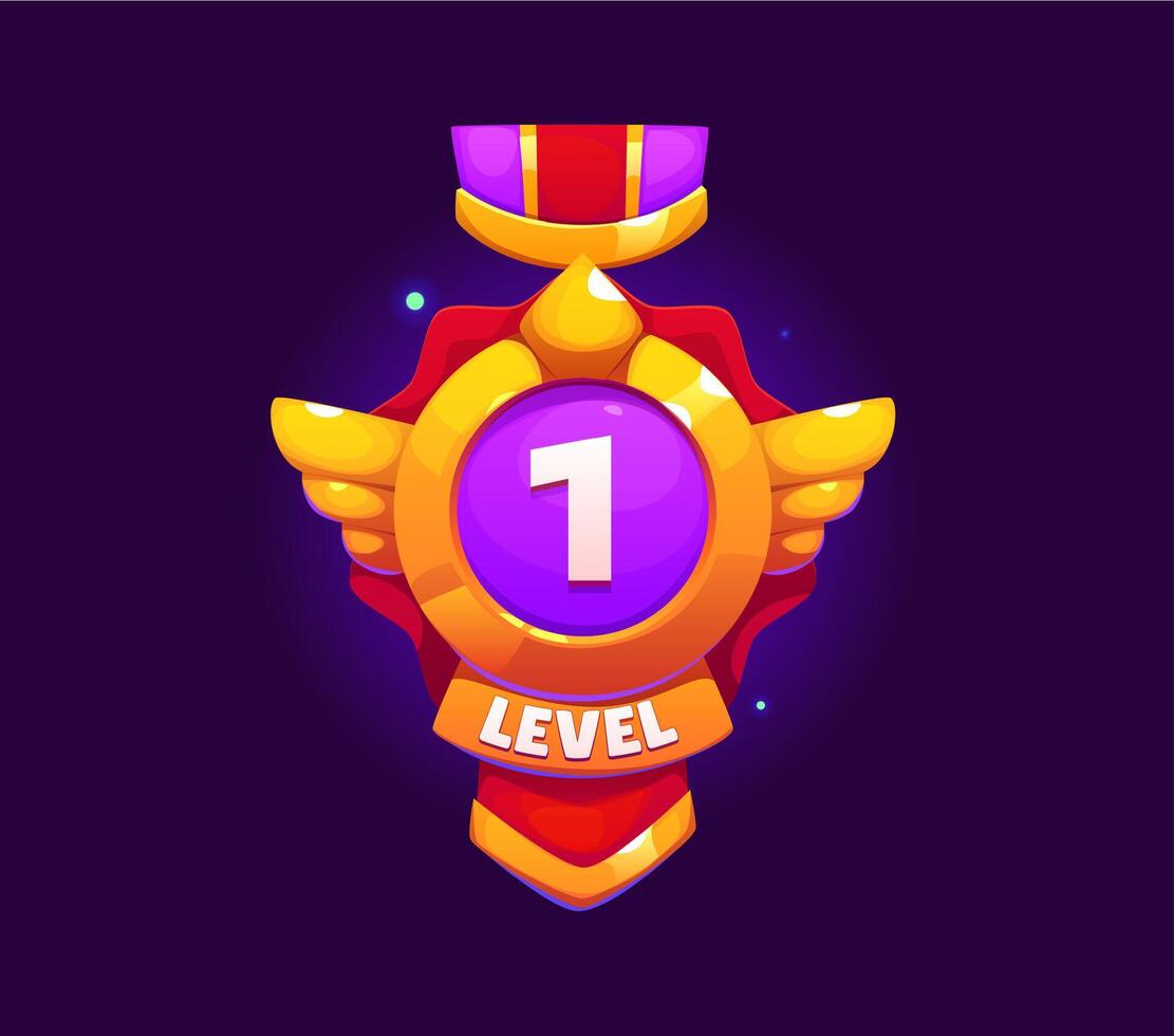 Game rank level up badge, victory shield asset vector
