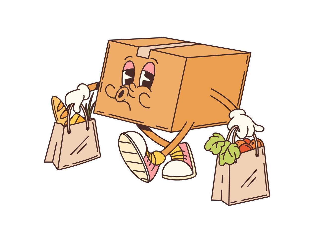 Groovy delivery cardboard carrying shopping bags vector