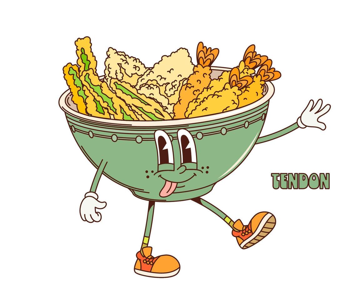 Cartoon retro groovy tendon donburi character vector