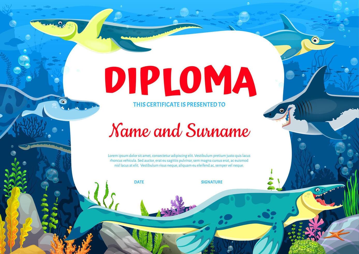 Kids diploma with underwater dinosaurs characters vector