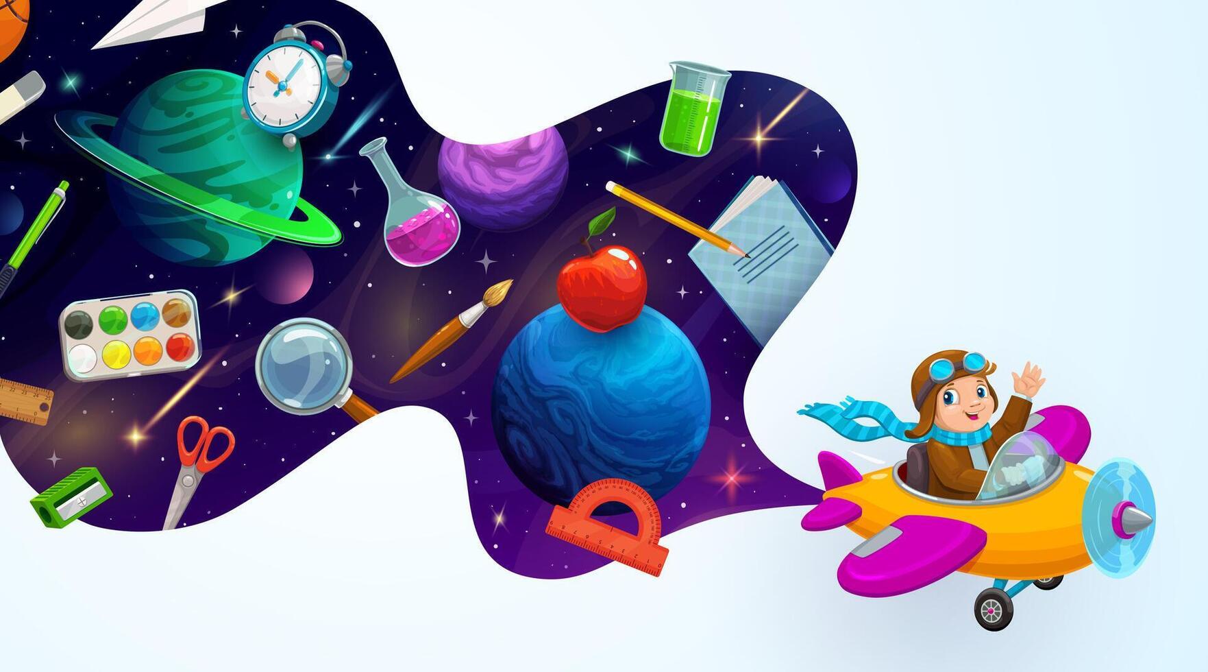Kid pilot, space galaxy and school supplies wave vector