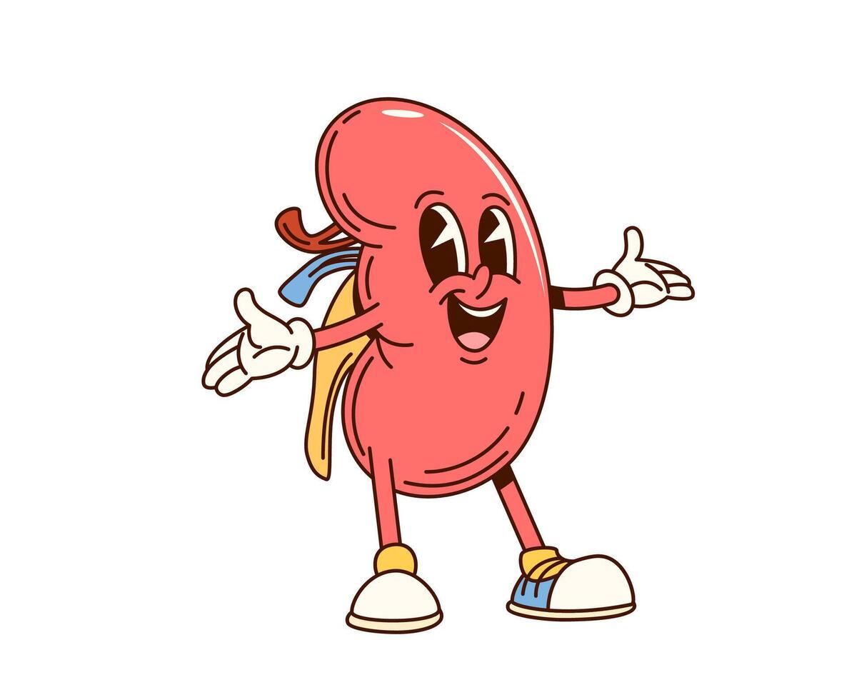 Groovy human kidney cartoon retro character vector