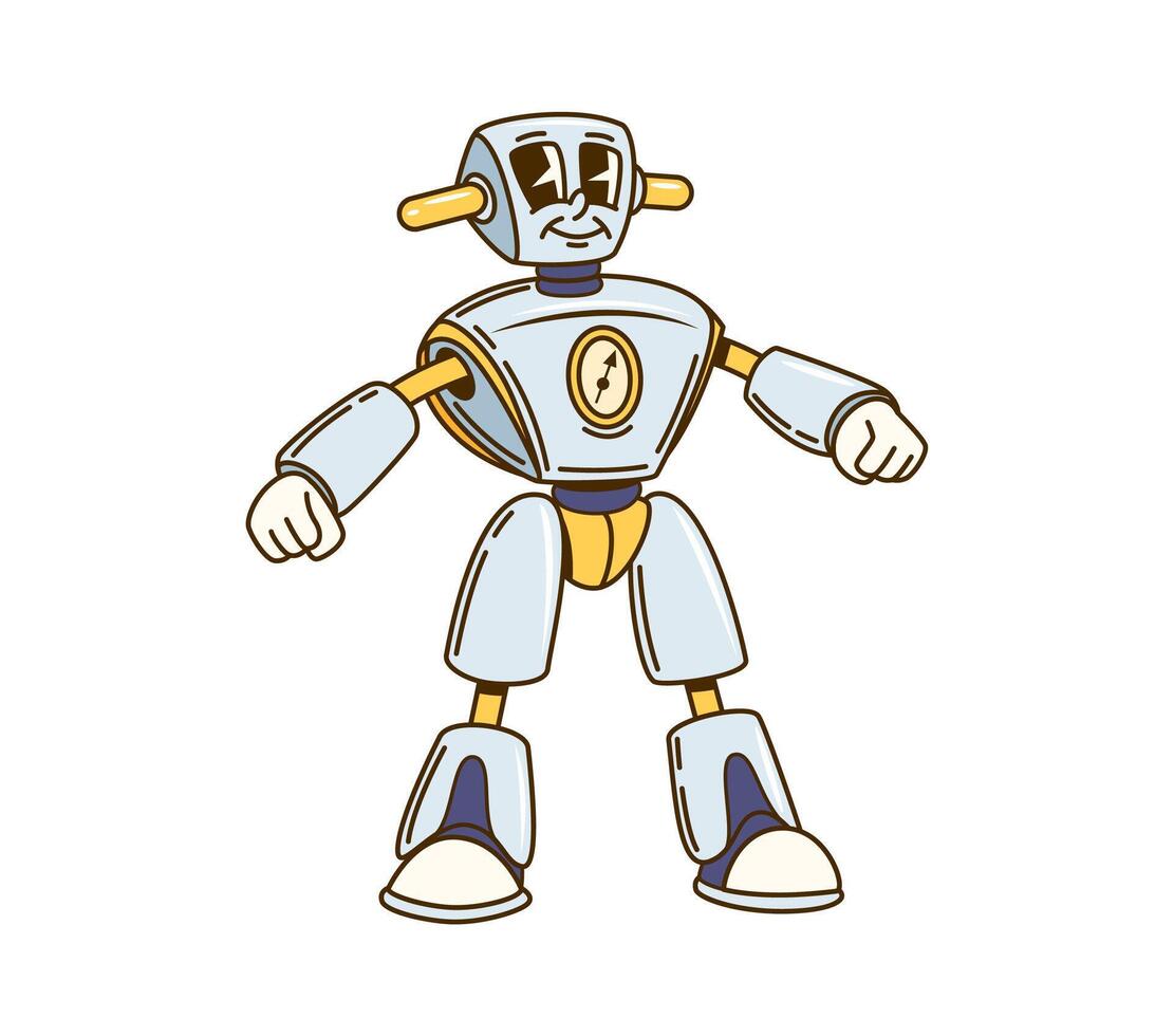 Cartoon groovy robot character with fists clenched vector