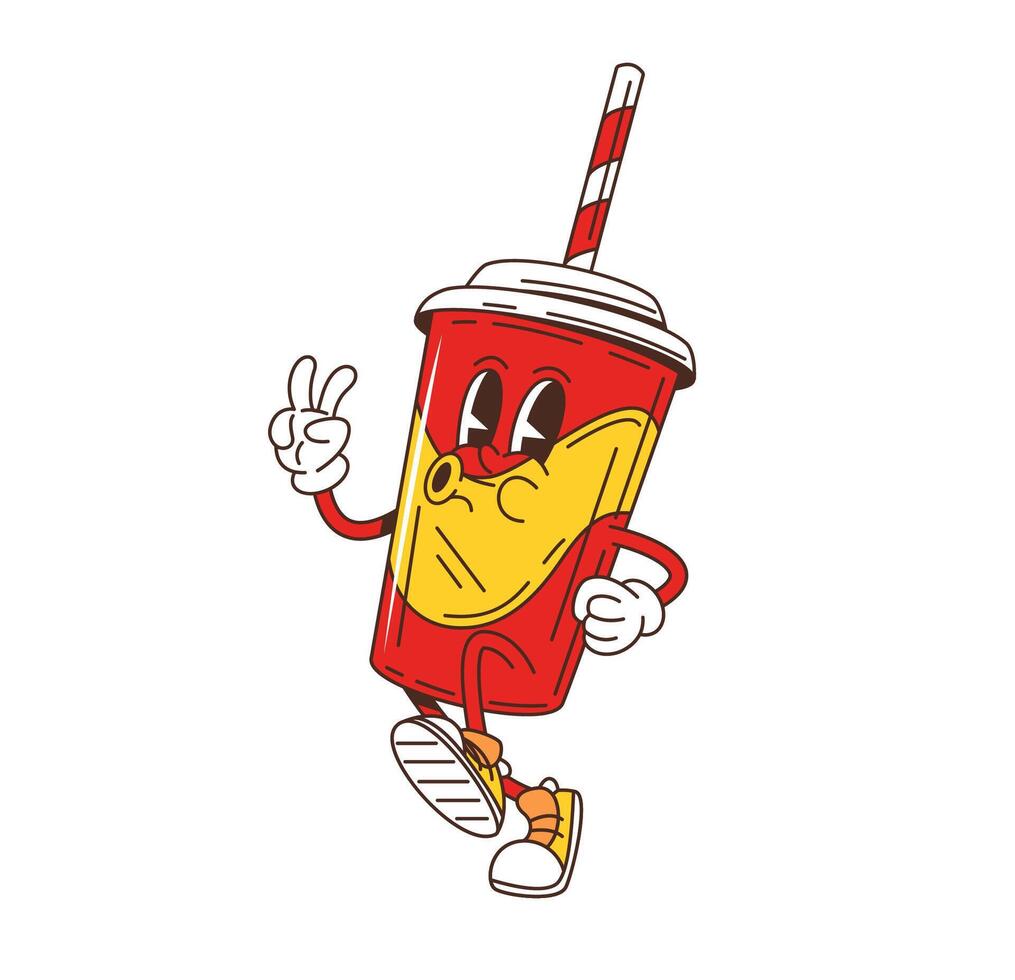 Cartoon retro groovy soda cup fast food character vector