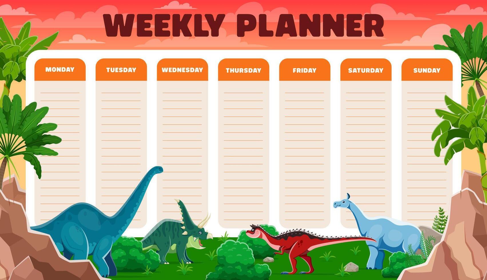 Weekly planner schedule, cartoon dinosaurs, palms vector