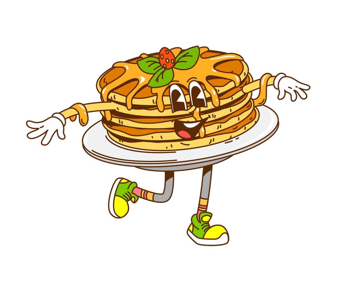 Retro cartoon groovy stack of pancakes with syrup vector