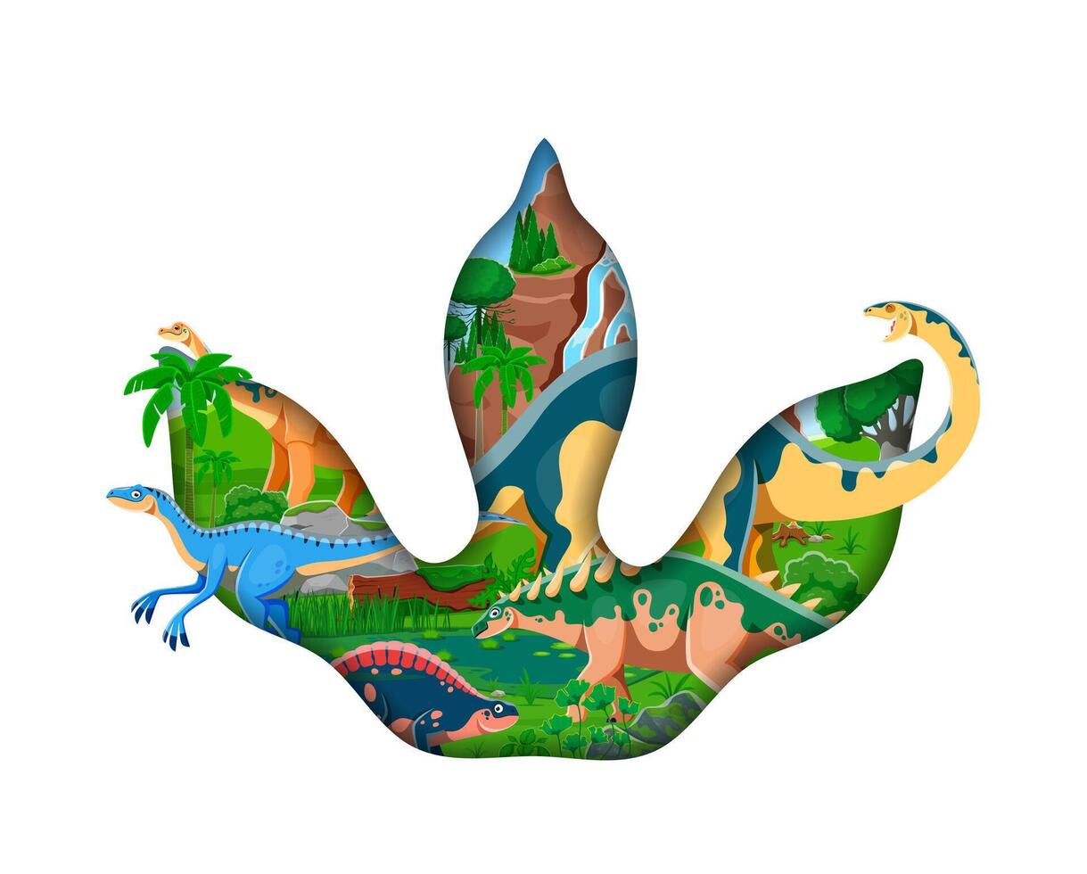 Dinosaur footprint paper cut banner with dinos vector