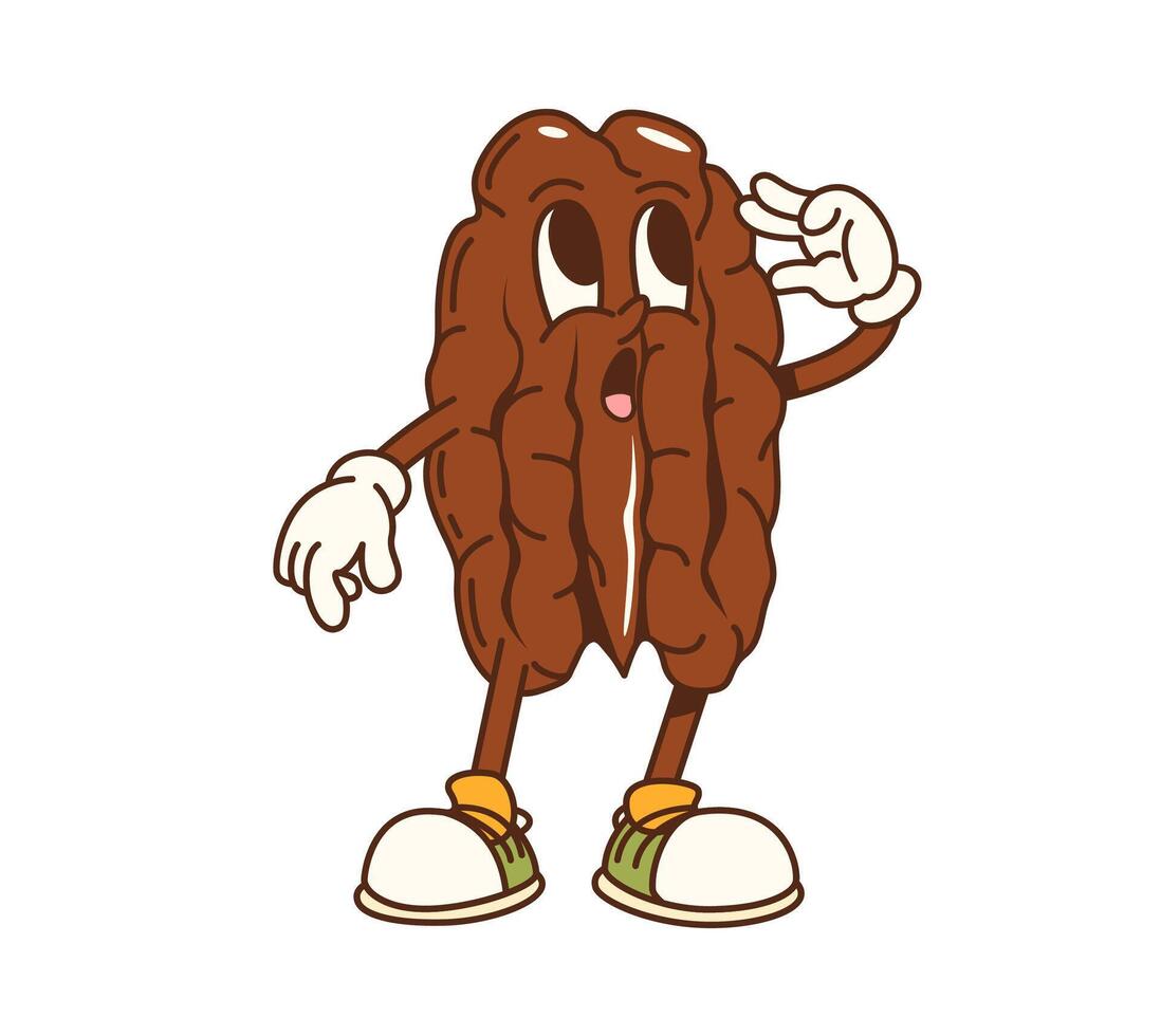 Cartoon groovy pecan nut character exudes y2k vibe vector