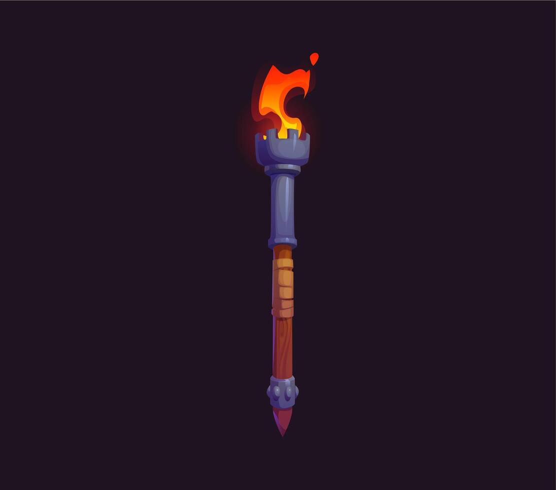 Medieval fire torch, cartoon game asset, GUI icon vector