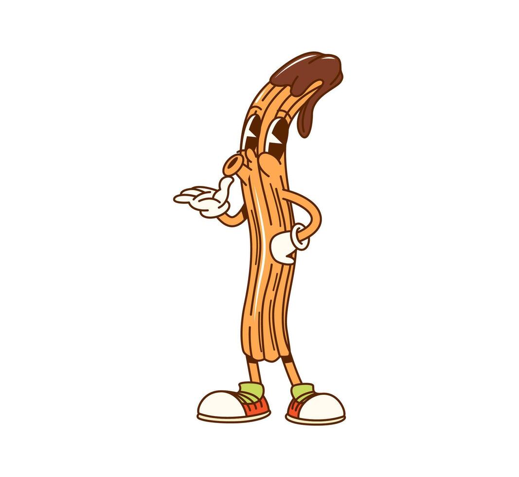 Cartoon groovy Mexican churros fast food character vector