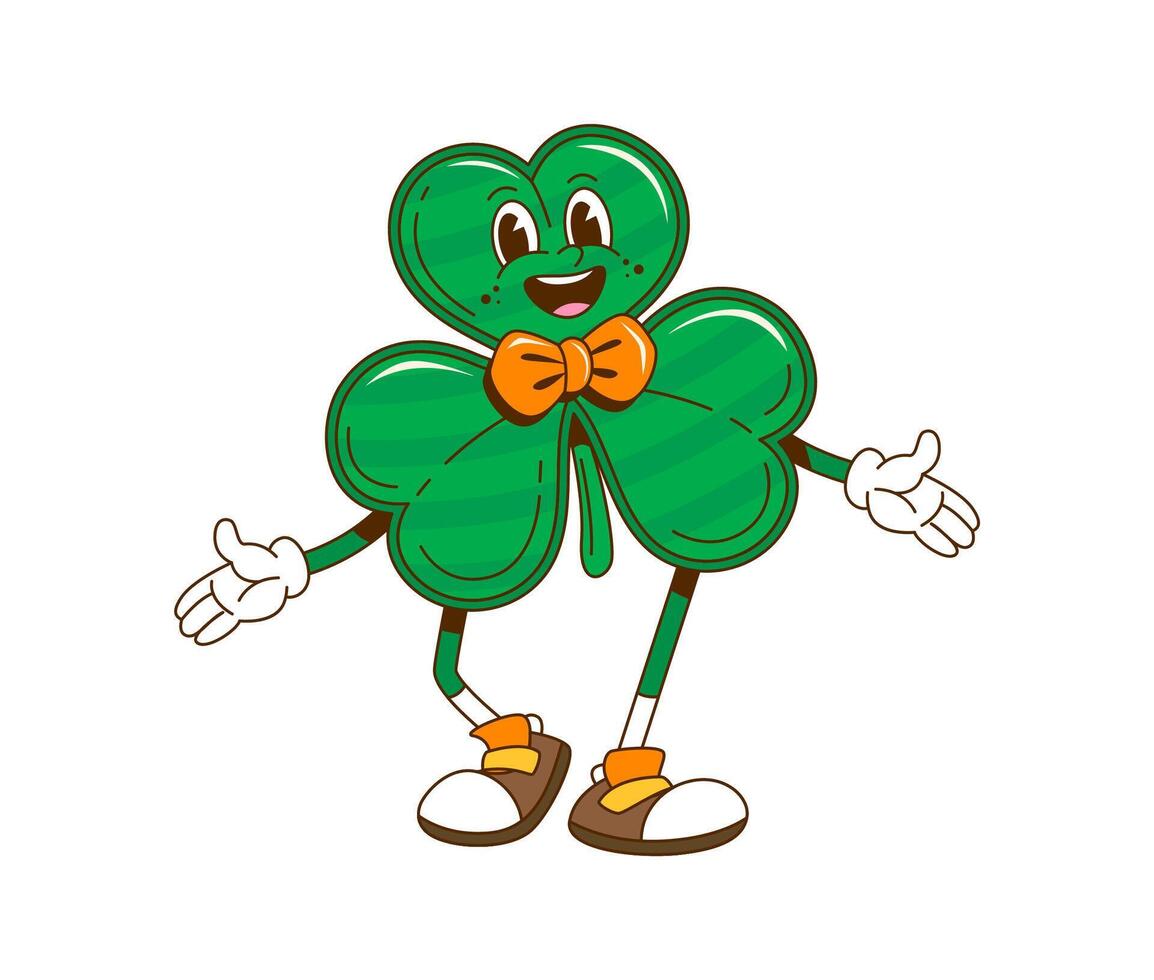 Cartoon retro groovy shamrock clover character vector