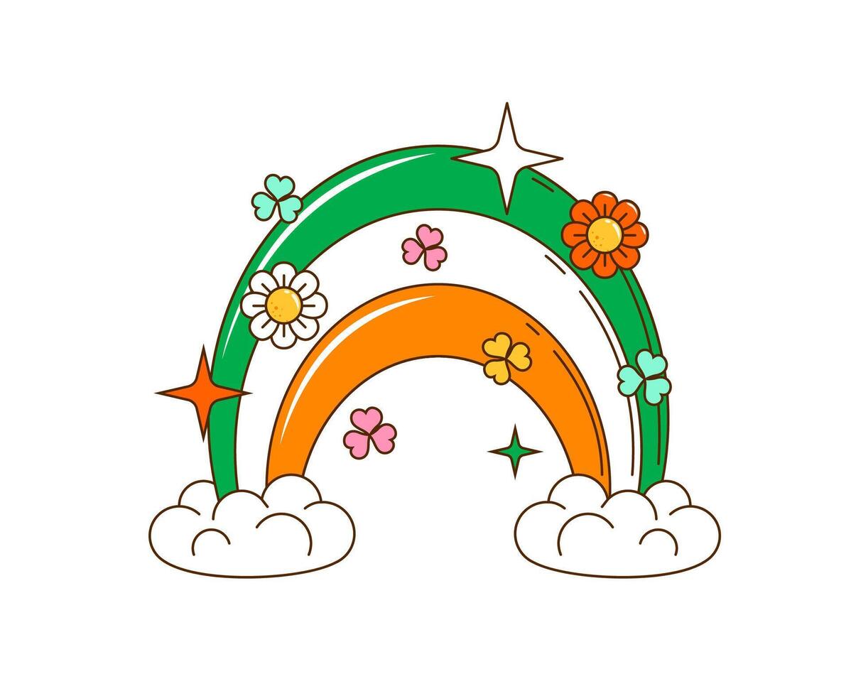 Groovy cartoon retro Saint Patrick day rainbow vector