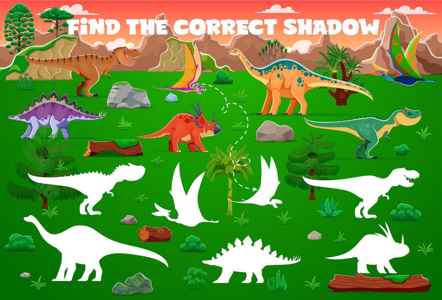 Find correct shadow, prehistoric dinosaurs game vector