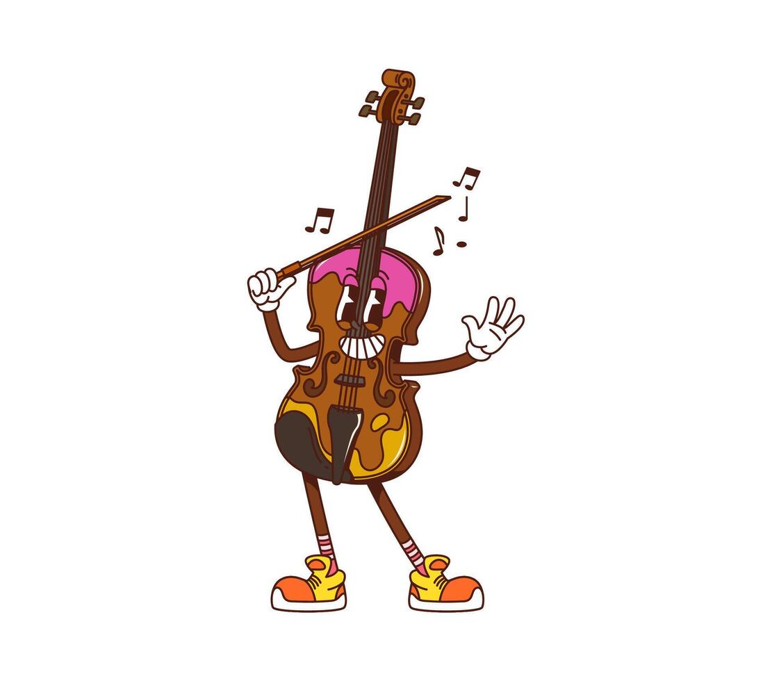 Cartoon groovy violin musical character playing vector