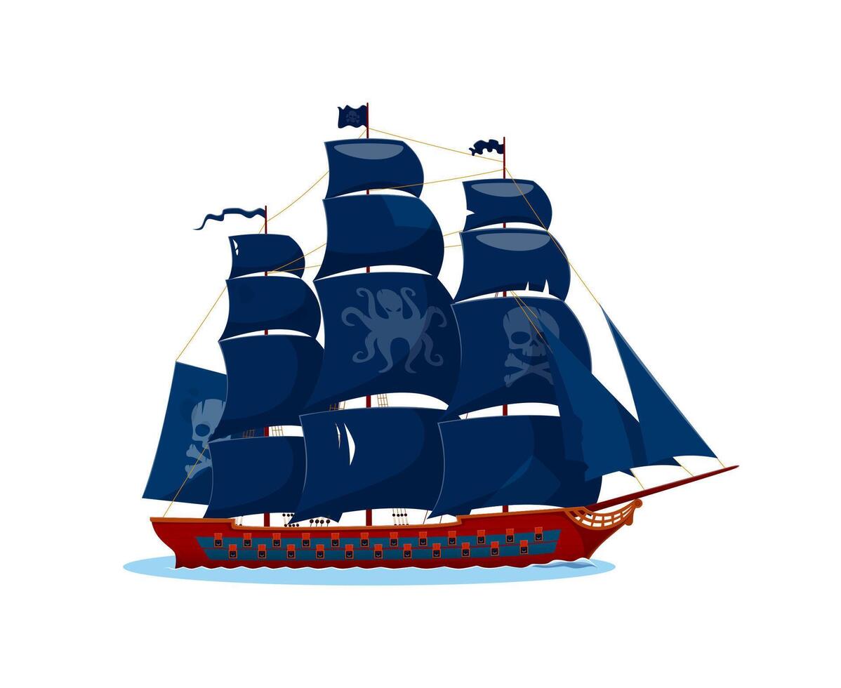 Pirate ship with black sails adorned with octopus vector