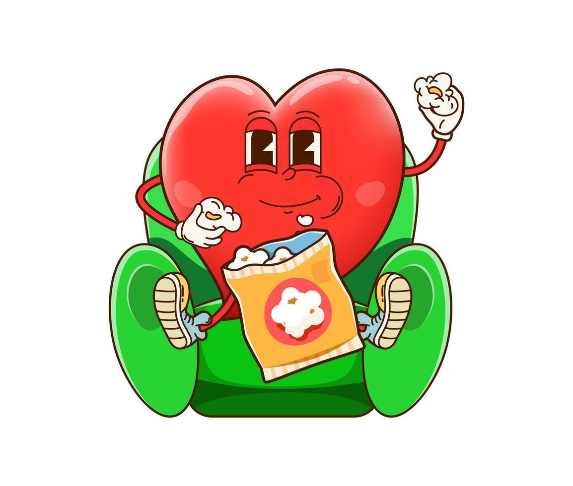 Groovy cartoon heart character eating popcorn vector