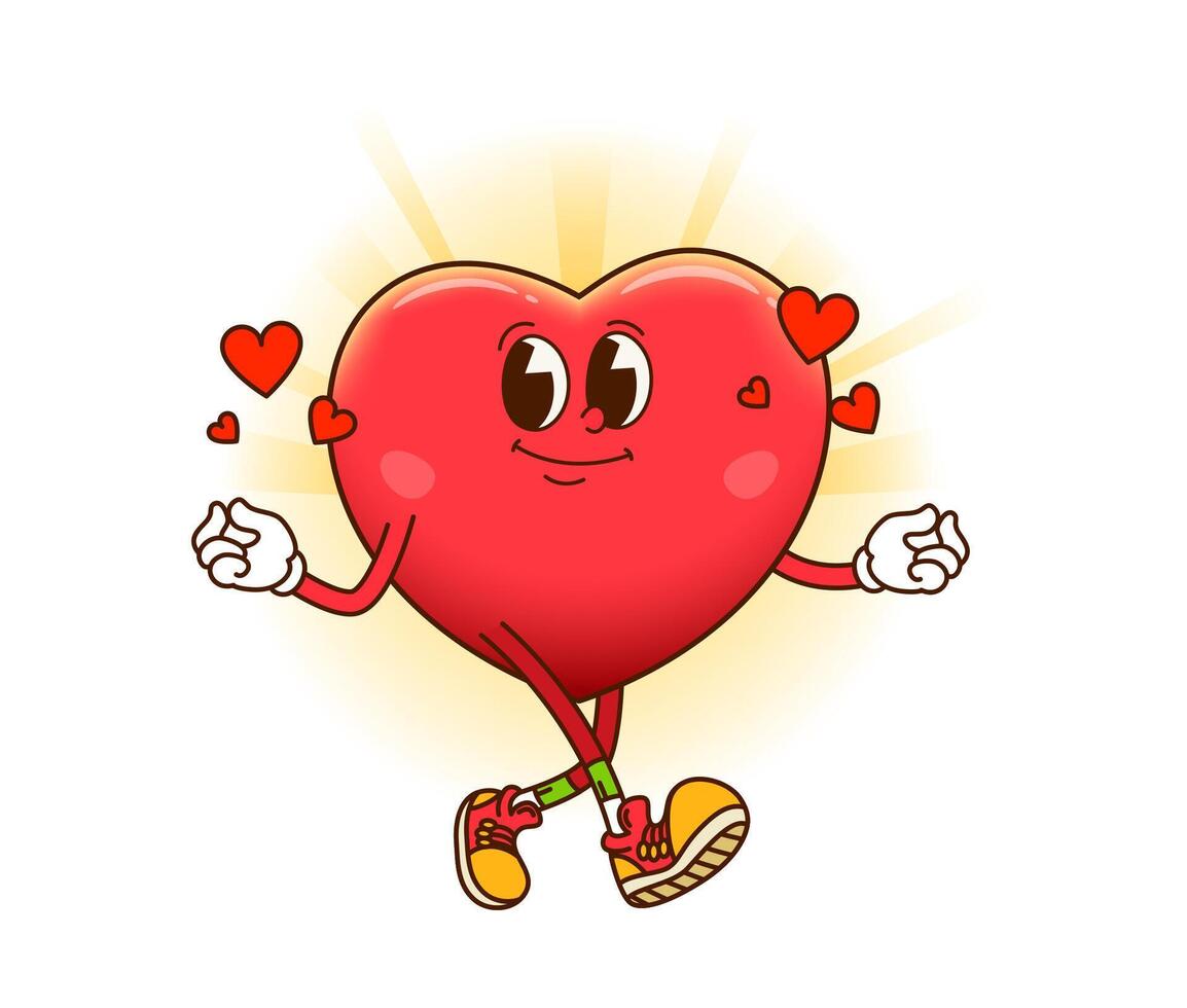 Cute groovy cartoon heart character happy in love vector
