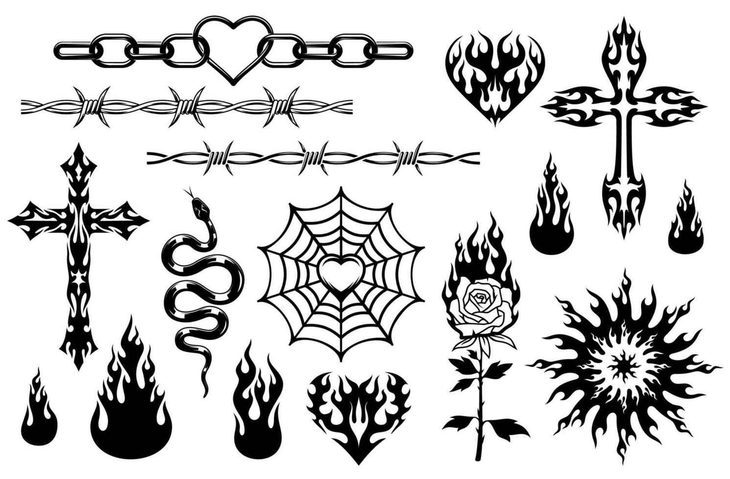 Y2K tribal tattoo set in abstract and gothic art vector