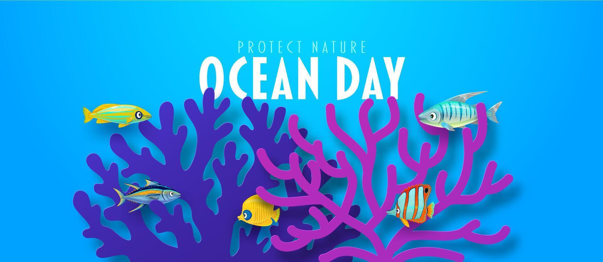 Oceans day banner with paper cut corals and fishes vector
