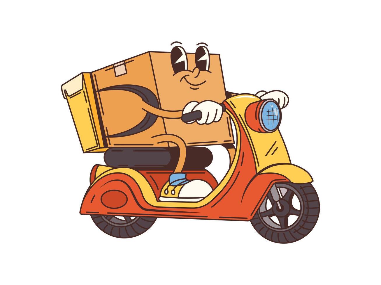 Groovy delivery cardboard box riding a scooter vector