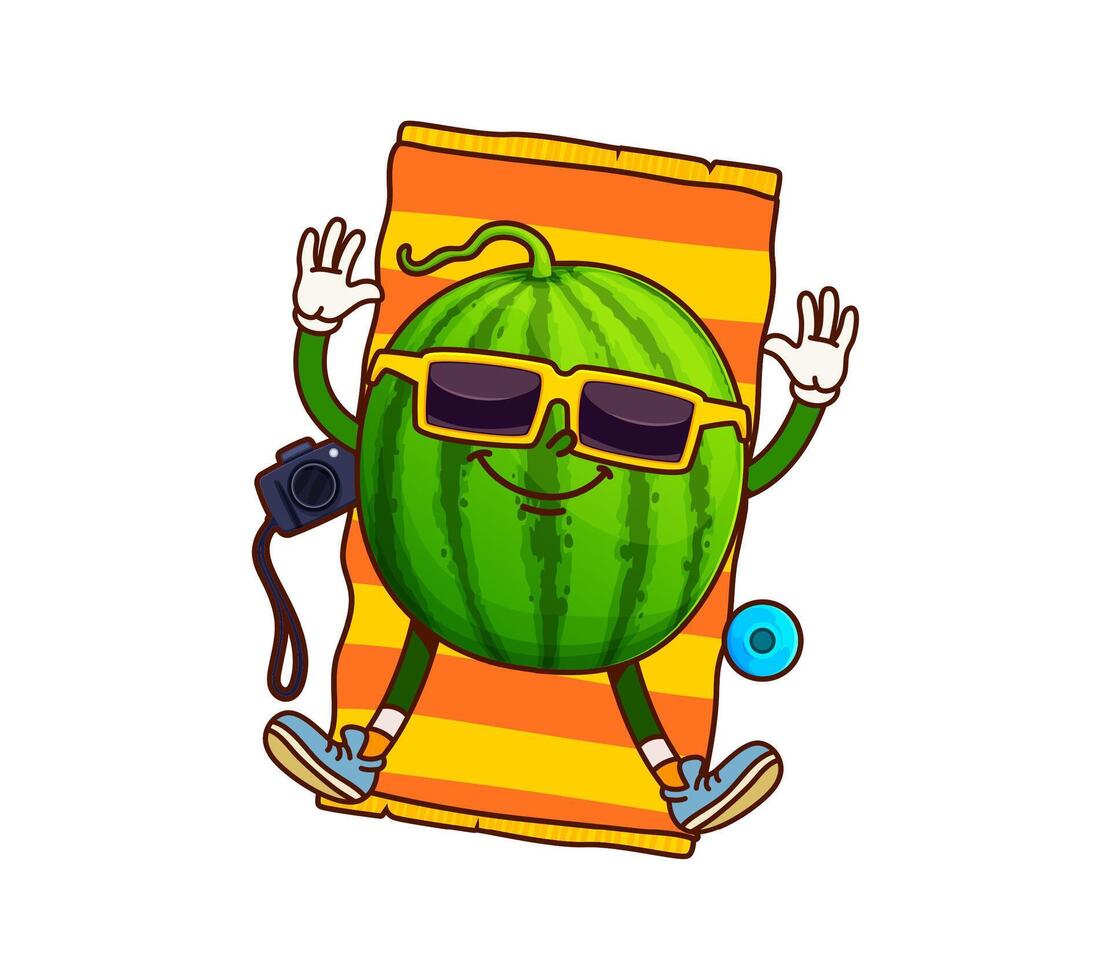 Groovy watermelon character sunbathing on beach vector