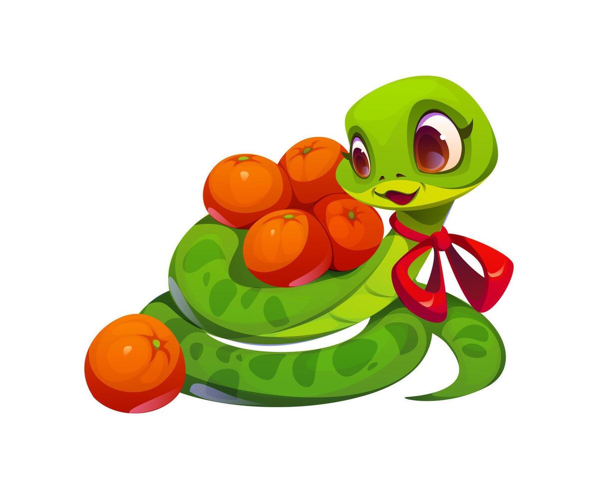 Cute cartoon snake character with mandarin fruits vector