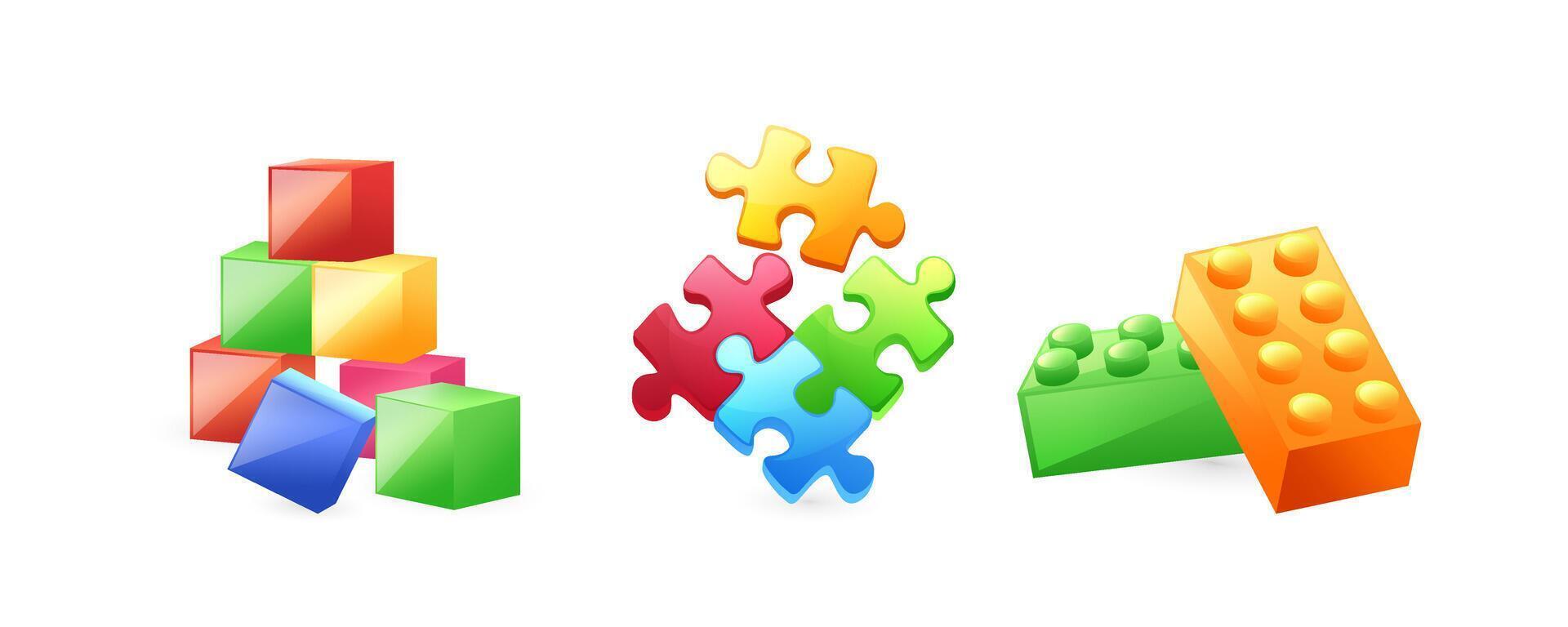 Set of illustrations of educational toys for children, cubes, lego, puzzles, realistic in 3D style. vector