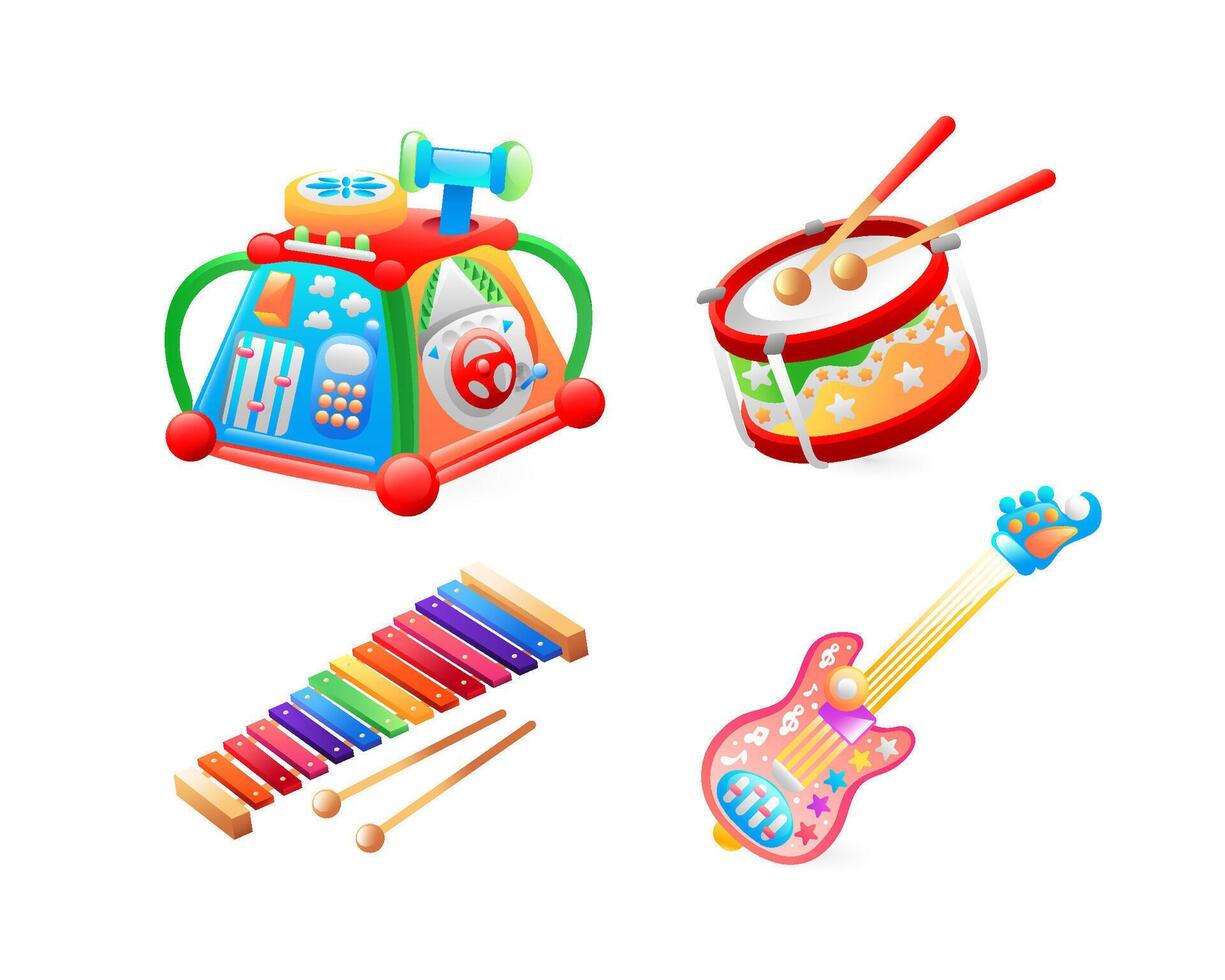 Set of illustrations of children's musical toys, toy guitar, xylophone, children's music center, drum, realistic in 3D style. vector