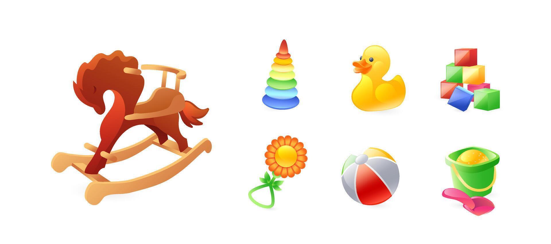 Set of illustrations of children's toys for preschoolers, rocking horse, rubber duck, toy pyramid, cubes, bucket and scoop for sand, ball, rattle, realistic in 3D style. vector
