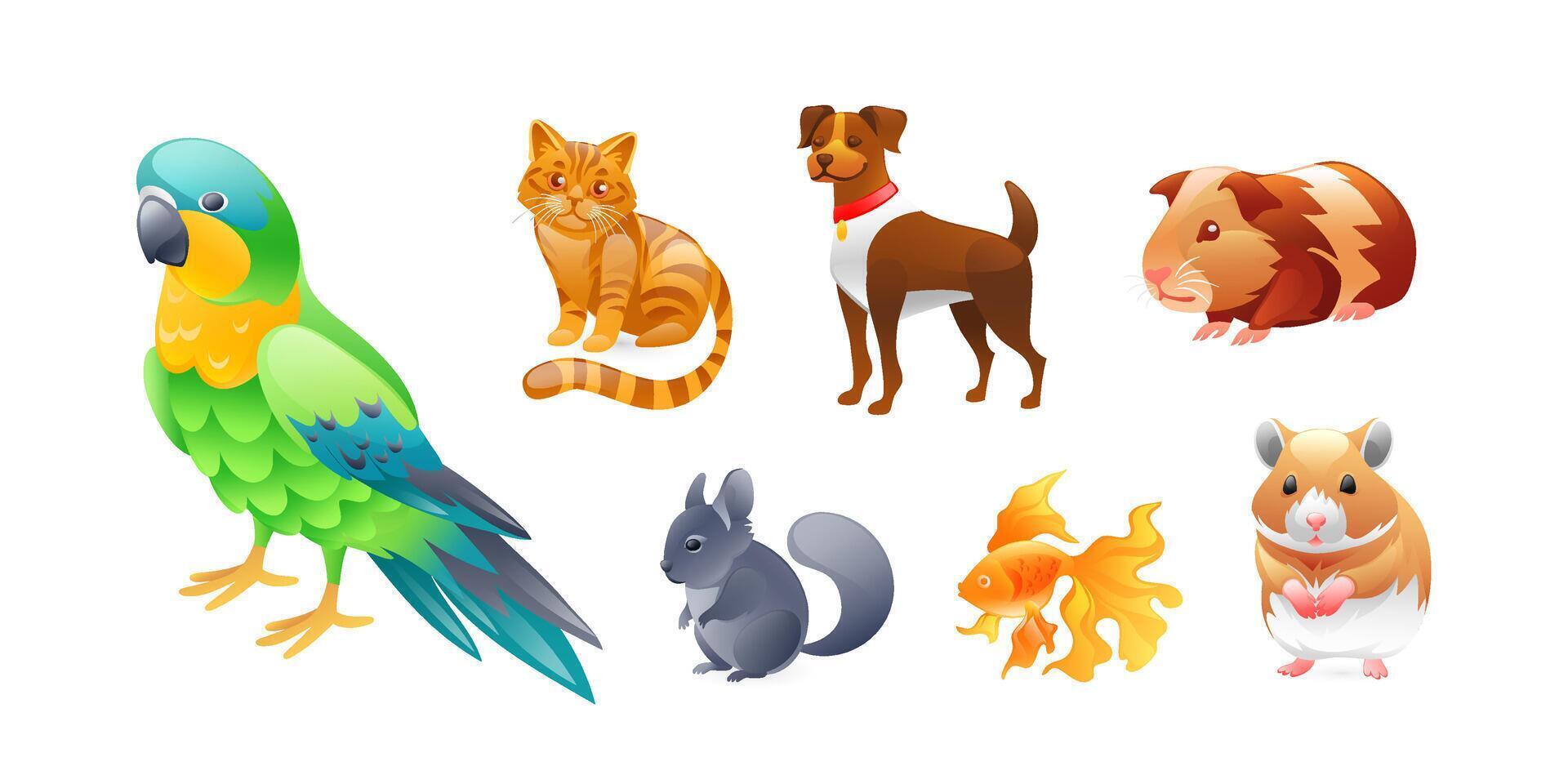 Set of illustrations of pets, parrot, dog, cat, guinea pig, chinchilla, aquarium fish, hamster, realistic in 3D style. vector