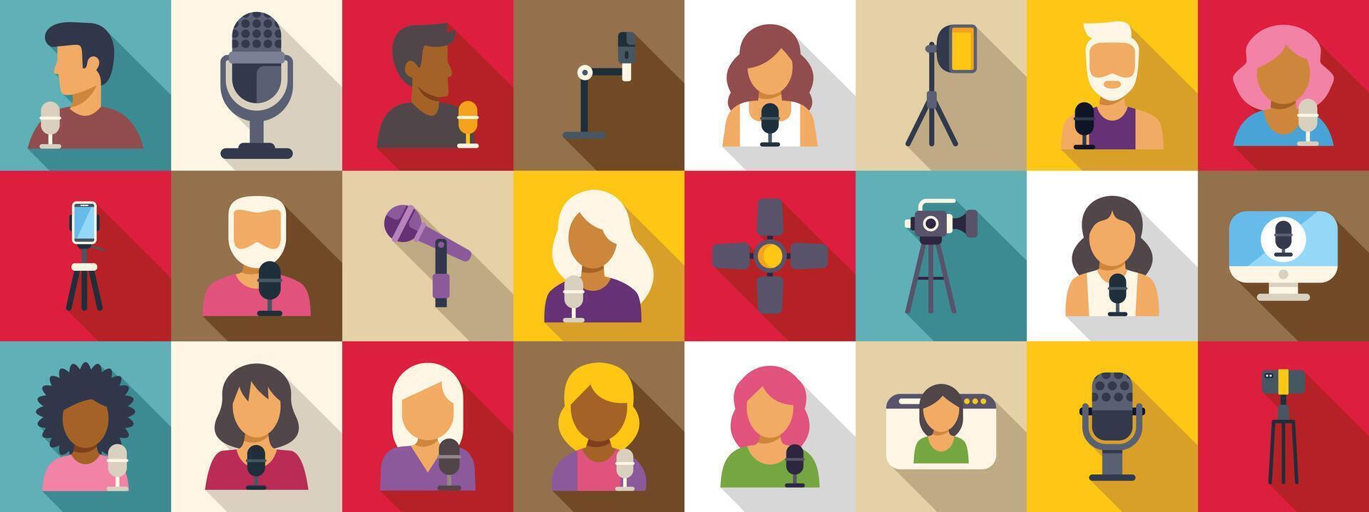 Blogger interview icons set. Podcasters and bloggers recording audio content using microphones and equipment vector