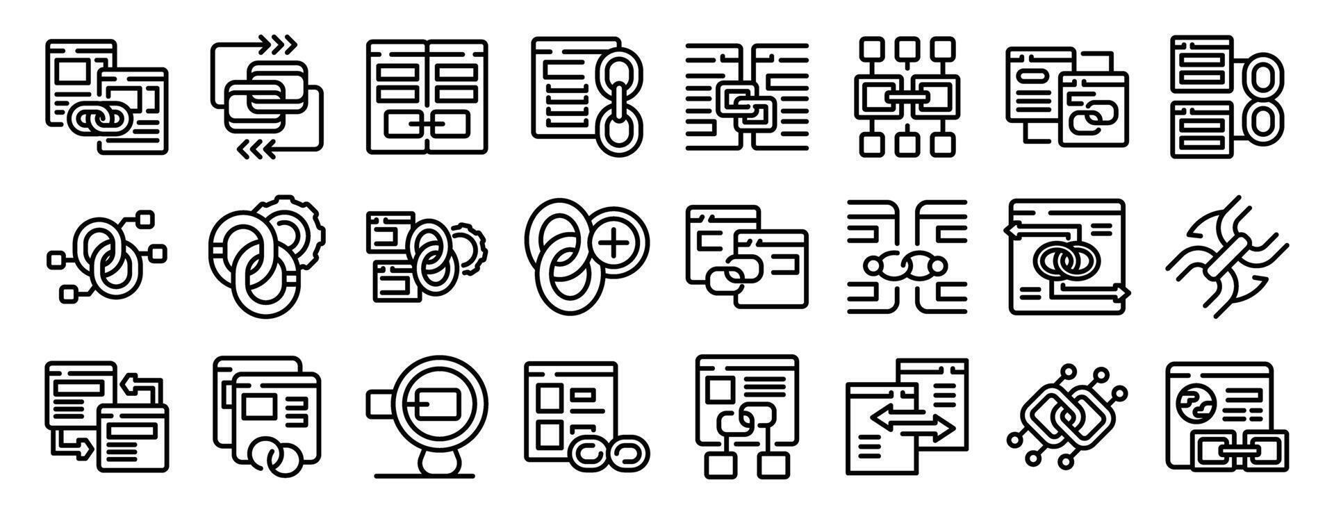 Backlink icons set. Cross linking website pages and data synchro vector