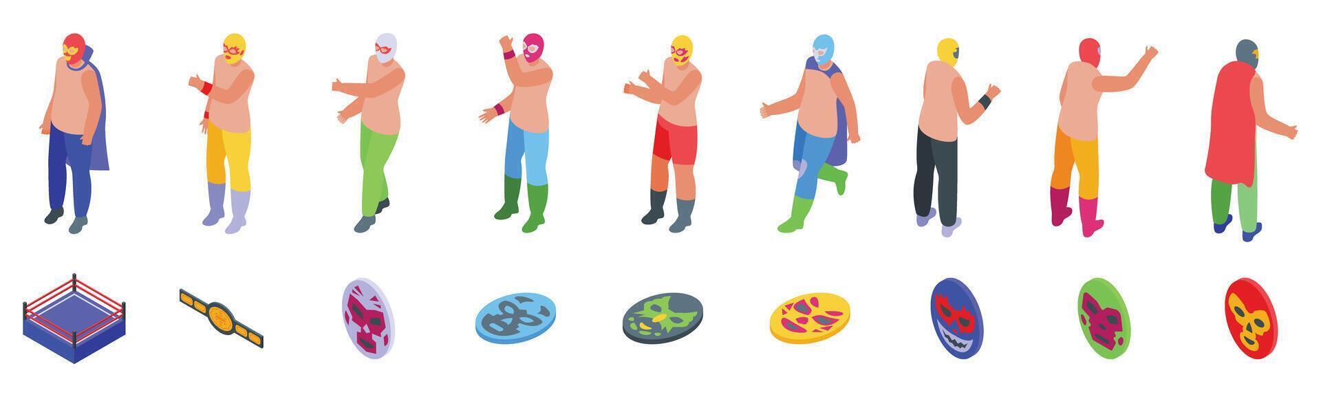 Mexican luchador masks icons set. Lucha libre wrestlers in vario vector